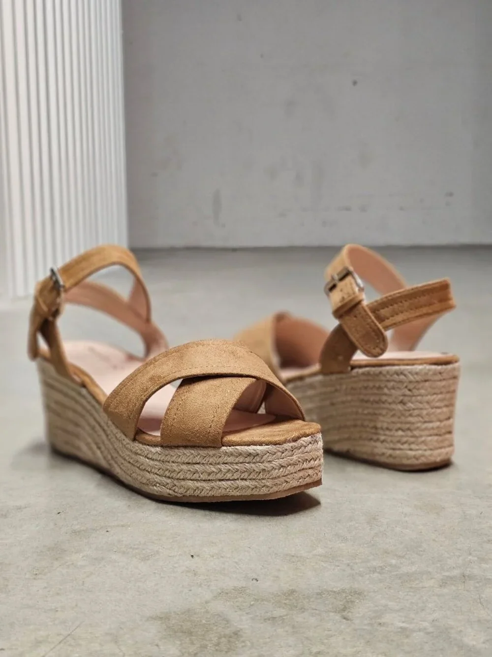 Camel Suede Espadrille Wedge Sandals With Ankle Strap & Buckle Closure For Women